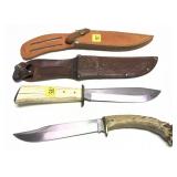 Lot, 2 stag handled hunting knives with leather