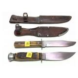 Lot, 2 vintage hunting knifes with leather