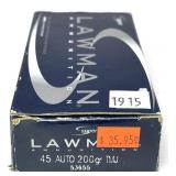 Box of .45 Auto 200-grain TMJ Lawman cartridges,