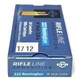 Box of .222 REM 50-grain SP PPU cartridges,