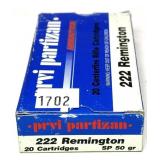 Box of .222 REM 50-grain SP PRVI cartridges,