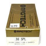 Box of .38 SPL 158-grain LRN Magtech cartridges,