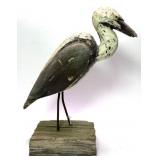 Vintage Carved Wooden Heron Decoy, standing on