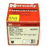 Box of .223 REM 55-grain V-Max Hornady cartridges,
