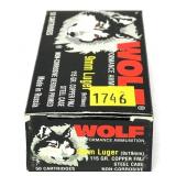 Box of 9mm Luger 115-grain FMJ Wolf cartridges,