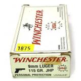 Box of 9mm Luger 115-grain Winchester JHP