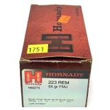 Box of .223 REM 55-grain FMJ Hornady cartridges,