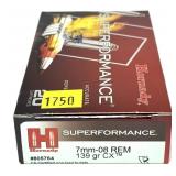 Box of 7mm-08 REM 139-grin CX Hornady cartridges,
