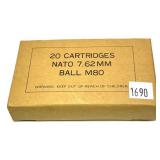 Box of 7.62 mm NATO (.308) BALL M80- 20 Rds.