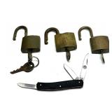 Lot, 3 vintage brass locks marked U.S. with keys