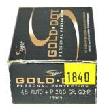 Box of .45 Auto +P 200-grain Gold dot HP