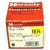 Box of .22 Hornet 35-grain V-Max cartridges,