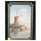 Oil on board, windmill and sailing scene,