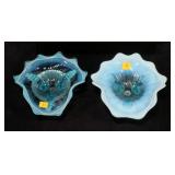 2- Blue opalescent footed bowls, 7" and