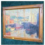 Oil on canvas, boat and dock scene signed,