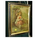 Victorian print of a girl with umbrella, 13" x 10"