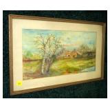 Watercolor farm scene signed M. Havaron, 1918,