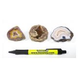 Lot, 3 polished agate geodes, approx 2" each