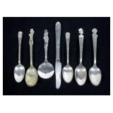 Lot, 6 souvenir silverplate spoons and 1 knife: