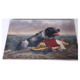 Oil on canvas, seaside scene dog and girl,