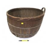 Vintage wood one handled basket with 2 metal