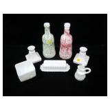 Lot, milk glass bottles, butter, vinegar,