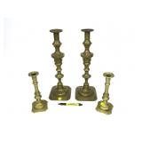 Lot, 2 sets brass candlesticks, 9" H and 17" H