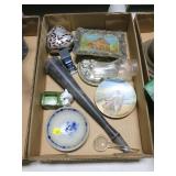 Lot, metal horn, silverplate, stoneware dish, misc