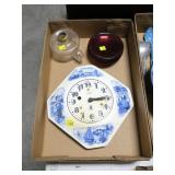 Lot, Miller clock with Dutch scene, finger lamp,