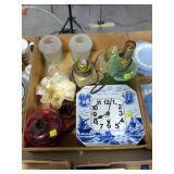 Lot, Delft clock, rainbow art glass apple, lamps,