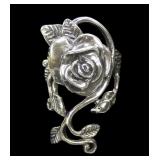 Sterling silver rose and foliage ring, size 9
