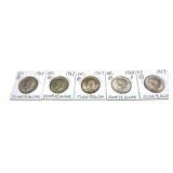 x5- Kennedy half dollars, 40% silver, -x5 half
