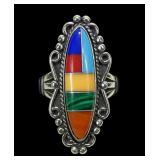 Sterling silver mosaic ring with turquoise, coral,