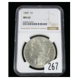 1889 Morgan dollar, NGC slab certified MS-62
