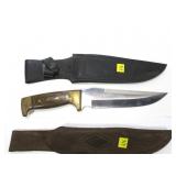 Lot, three Bowie and hunting knives with leather