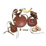 Lot, custom leather canteen, shooting pouch, shot