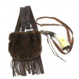 Lot, custom leather and beaver shooting bag and