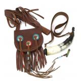 Lot, custom leather black powder shooting bag and