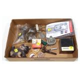 Lot, pinbacks, radio, dog tags, keys, misc.