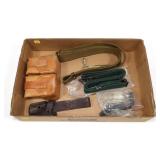 Lot: Leather ammo pouch, leather sheath, straps