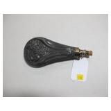 Grey metal and brass flask with scrolls and leaf