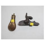 Lot, small brass shot flask and percussion lock