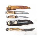 Lot, 4 stag handle knives, 2 with sheaths