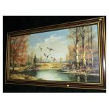 Oil on canvas, 24" x 48" ducks landing scene by