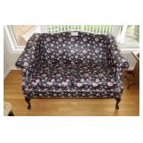 48" upholstered love seat with mahogany feet