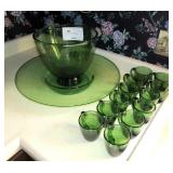 14 piece green blown glass punch bowl set