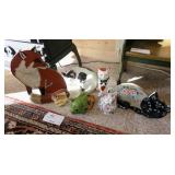 Lot, porcelain cats, wood fox and cat,
