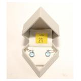 14K White gold hoop earrings with round blue topaz