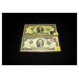 2- $2 First Day of Issue notes with stamps,