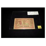 WWII Algeria prisioner of war note, 5 francs,